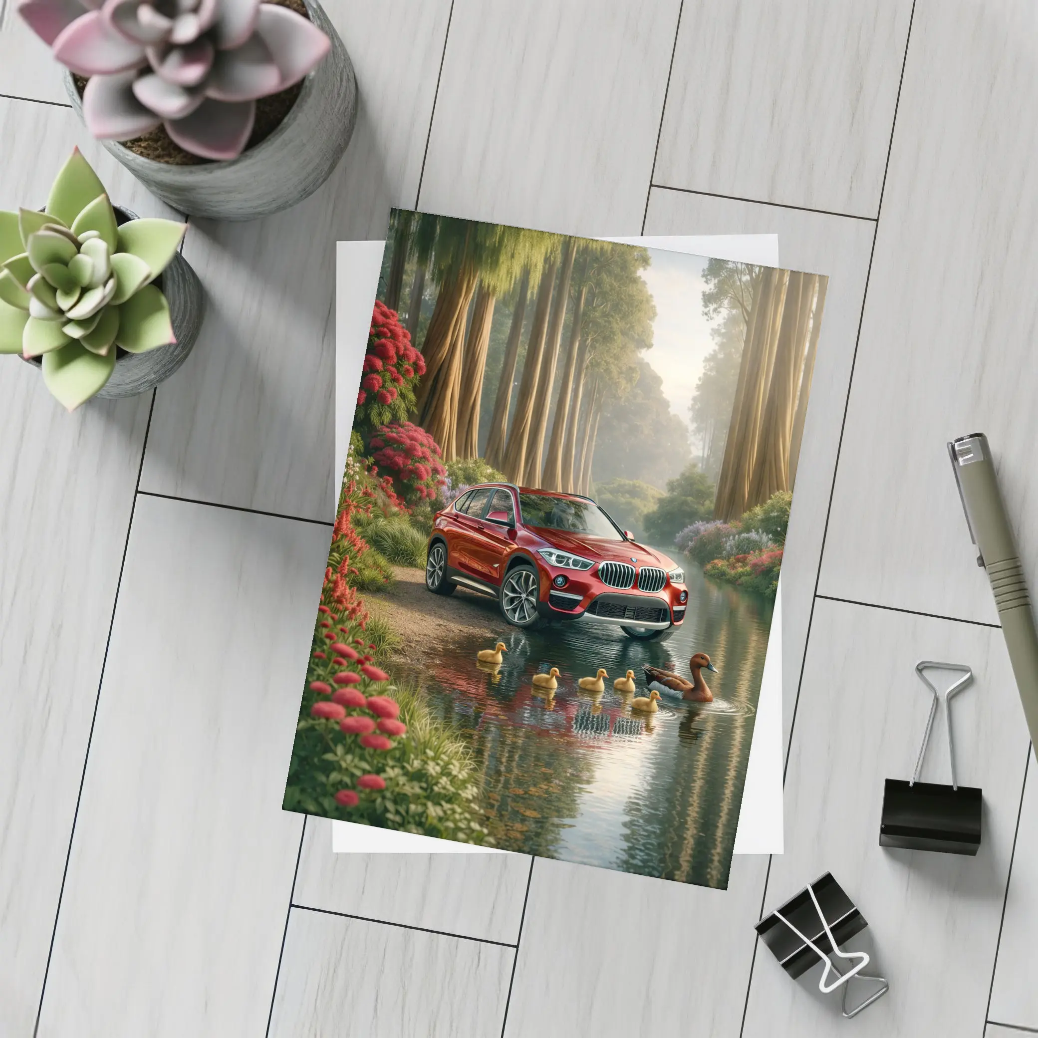 Red BMW X1 SUV Forest River Scene – Postcards