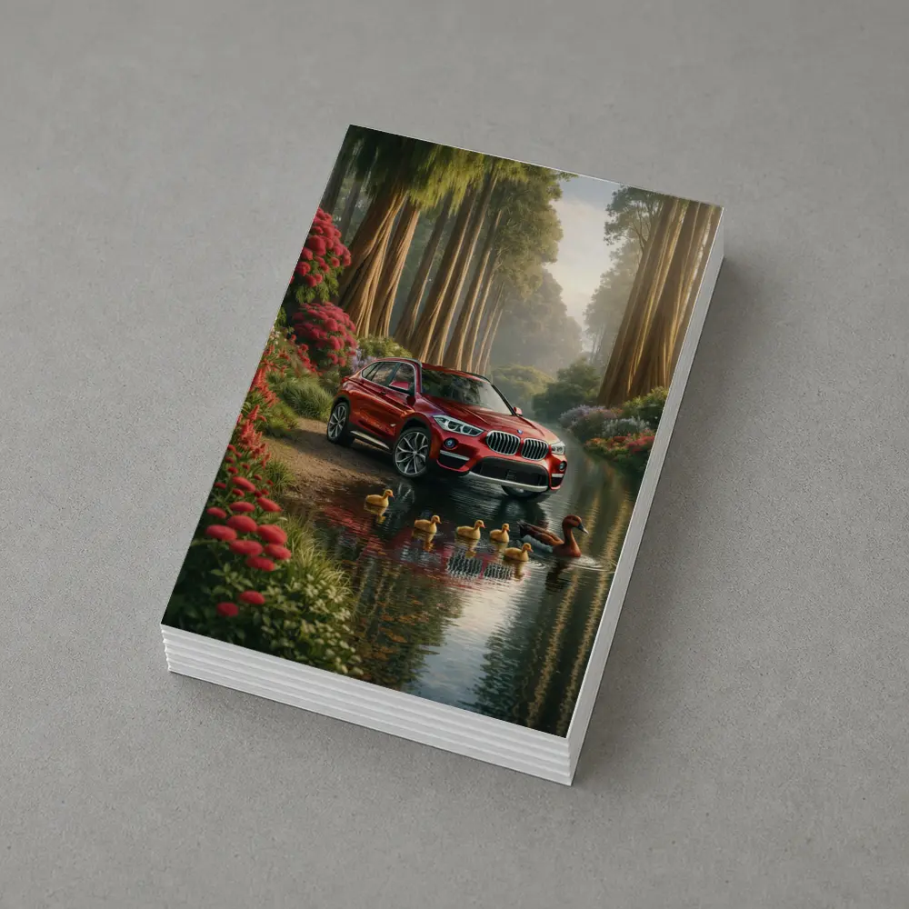Red BMW X1 SUV Forest River Scene – Postcards