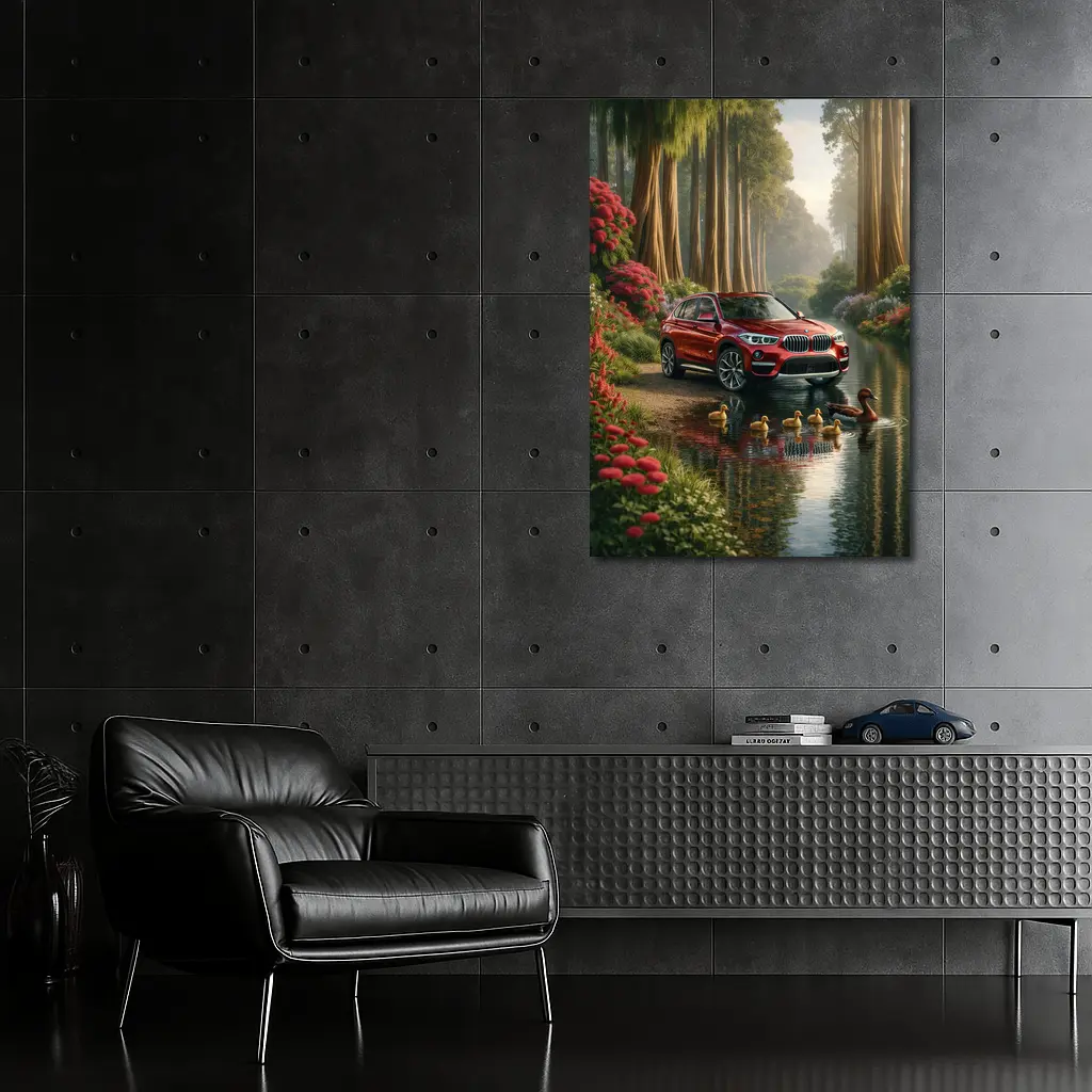 Red BMW X1 SUV Forest River Scene – Wall Art