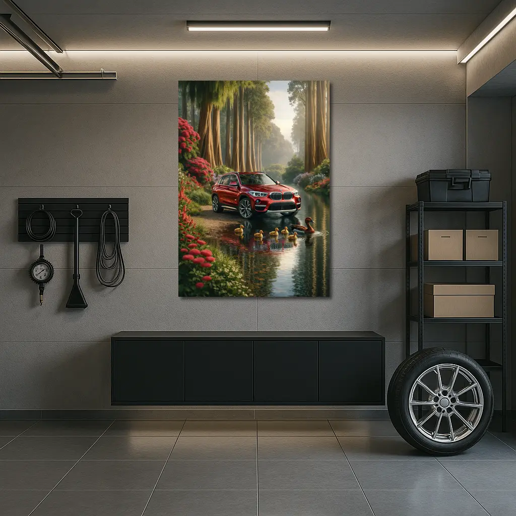 Red BMW X1 SUV Forest River Scene – Wall Art