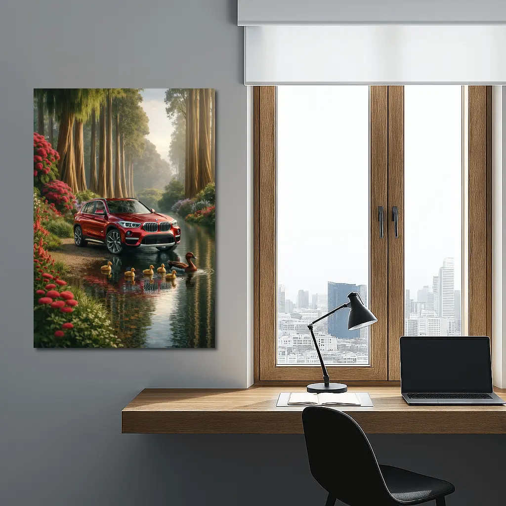 Red BMW X1 SUV Forest River Scene – Wall Art