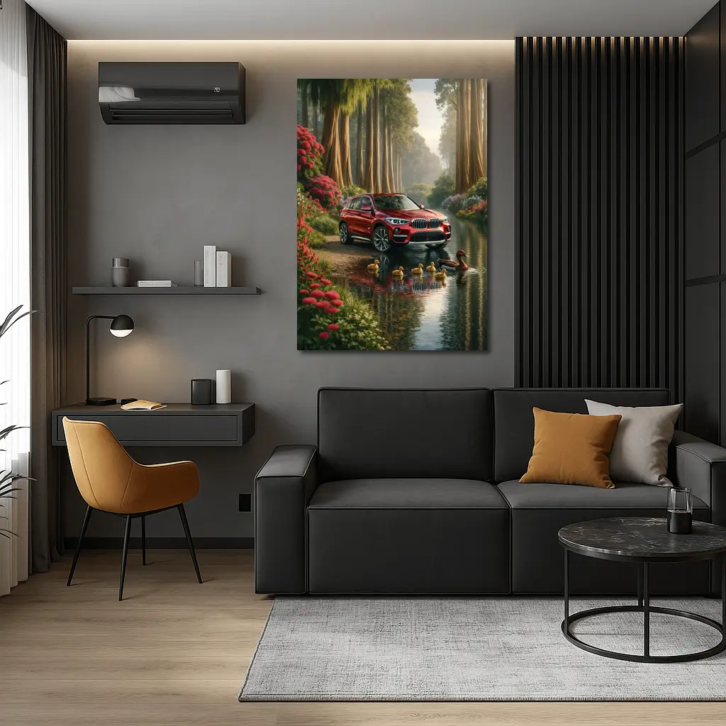 Red BMW X1 SUV Forest River Scene – Wall Art