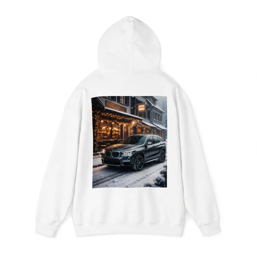 BMW X1 Parked Outside Snowy Coffee House – Hoodies