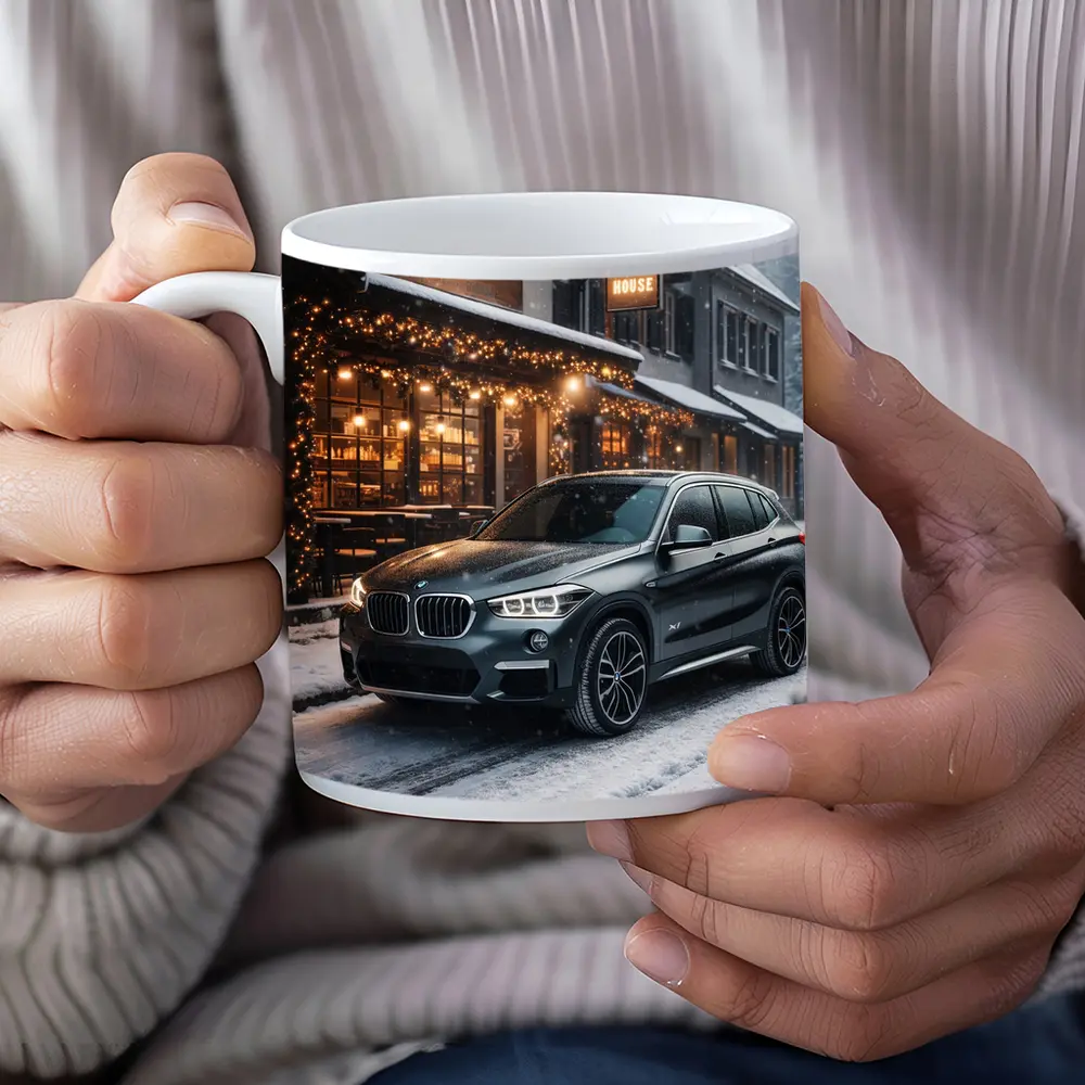 BMW X1 Parked Outside Snowy Coffee House – Mugs