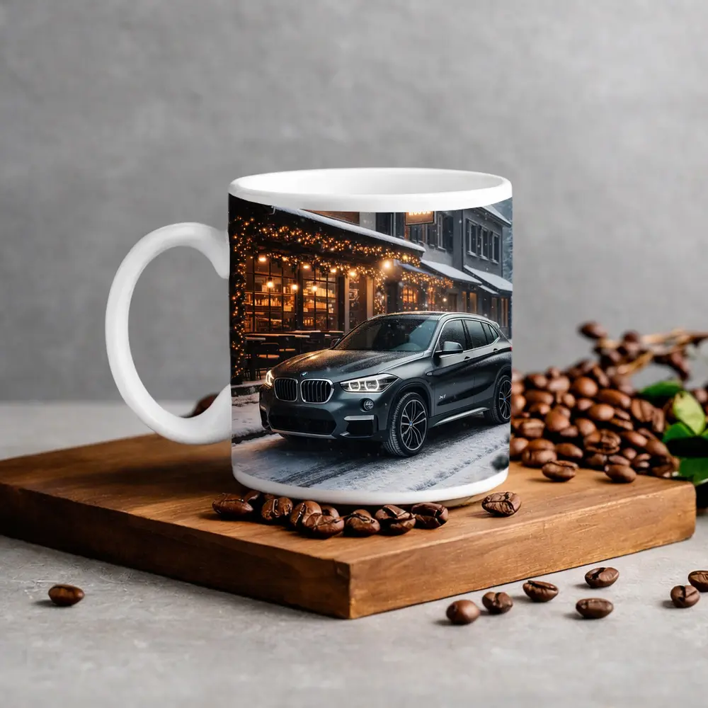 BMW X1 Parked Outside Snowy Coffee House – Mugs