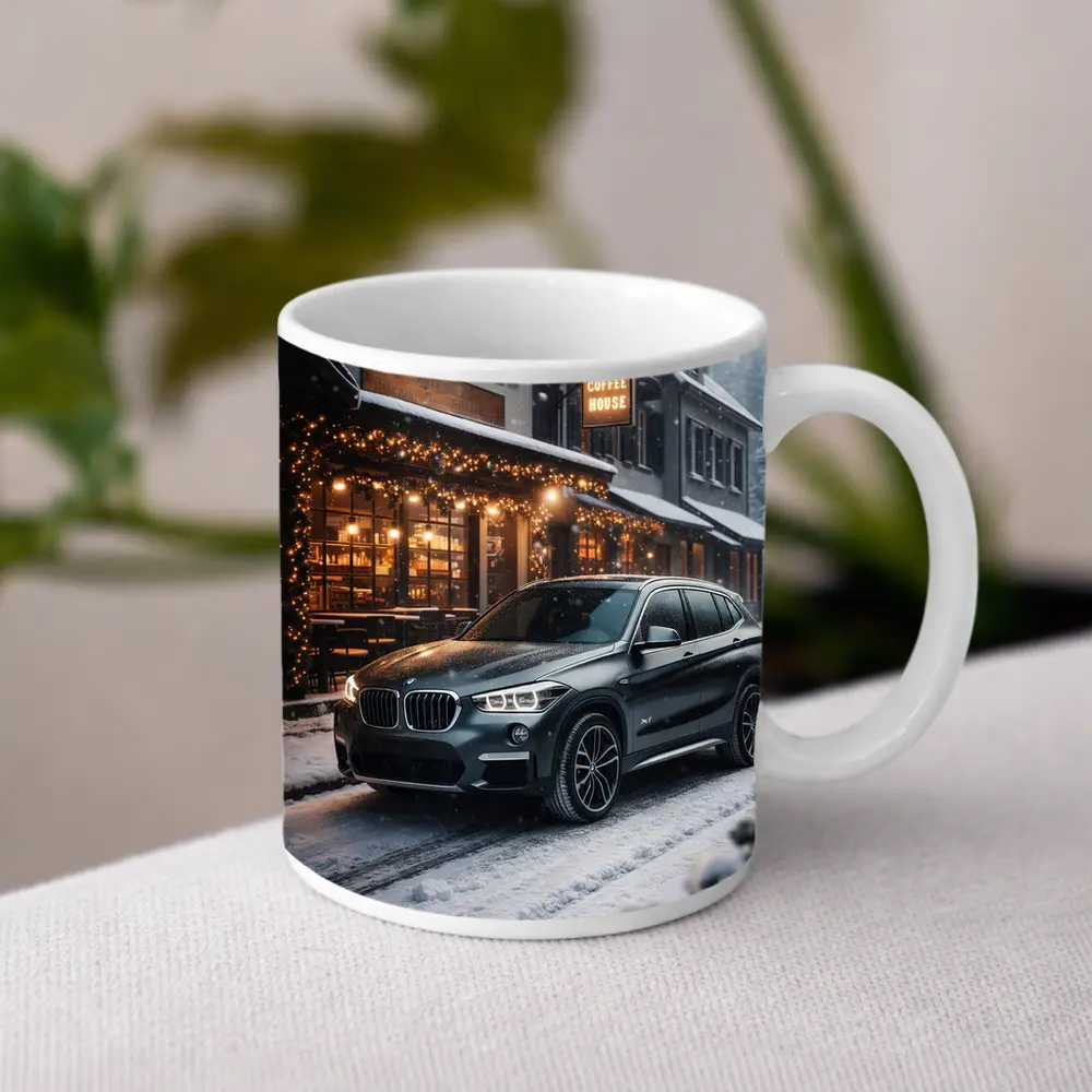 BMW X1 Parked Outside Snowy Coffee House – Mugs
