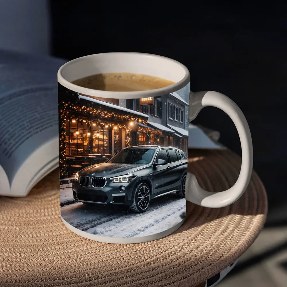 BMW X1 Parked Outside Snowy Coffee House – Mugs