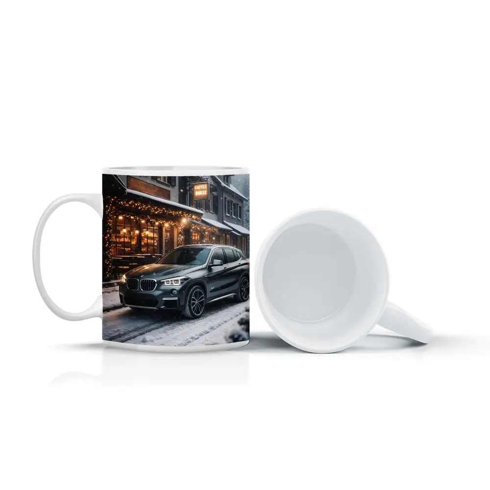 BMW X1 Parked Outside Snowy Coffee House – Mugs