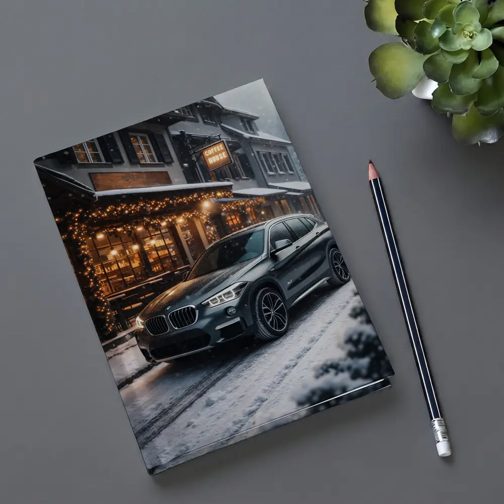 BMW X1 Parked Outside Snowy Coffee House – Notebooks
