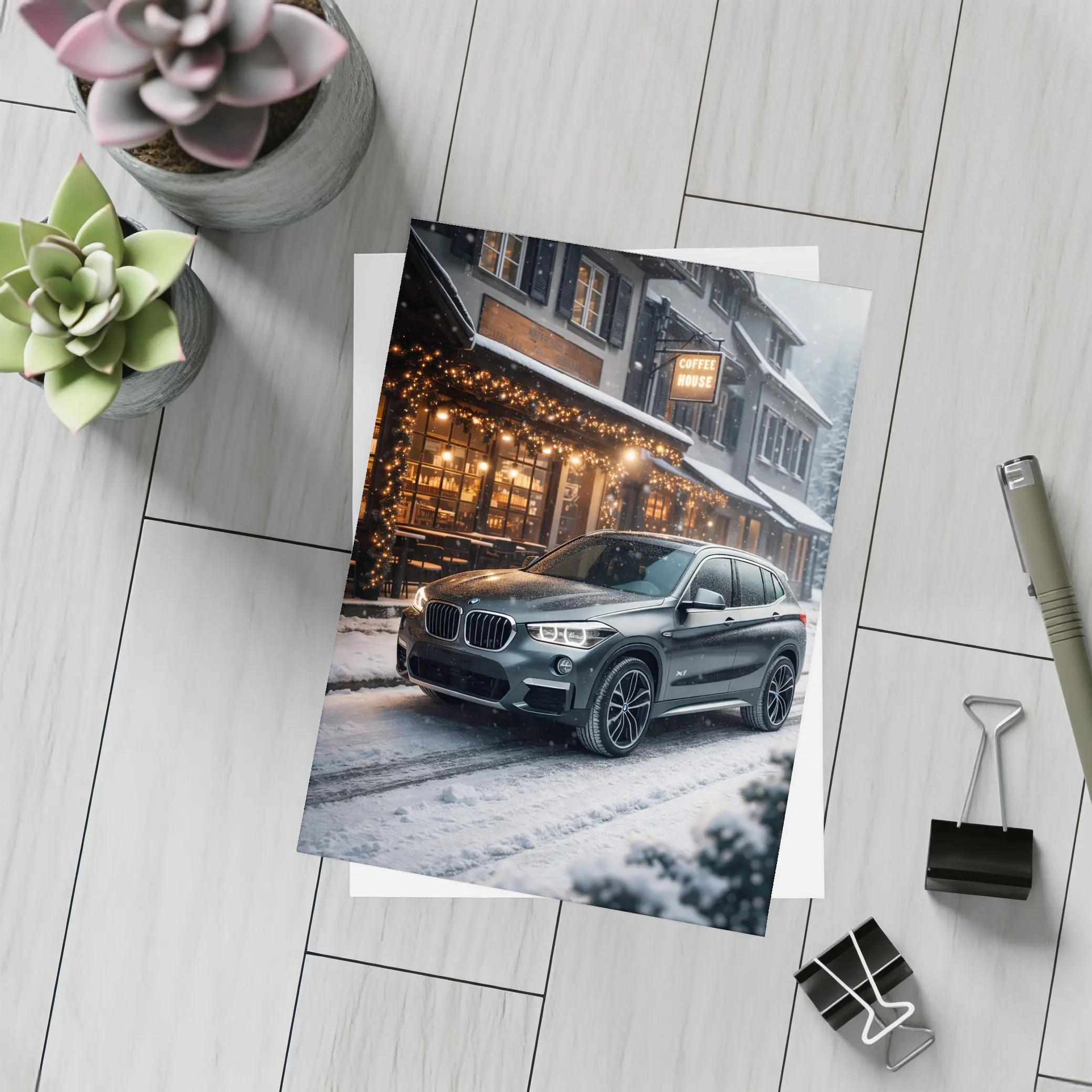 BMW X1 Parked Outside Snowy Coffee House – Postcards