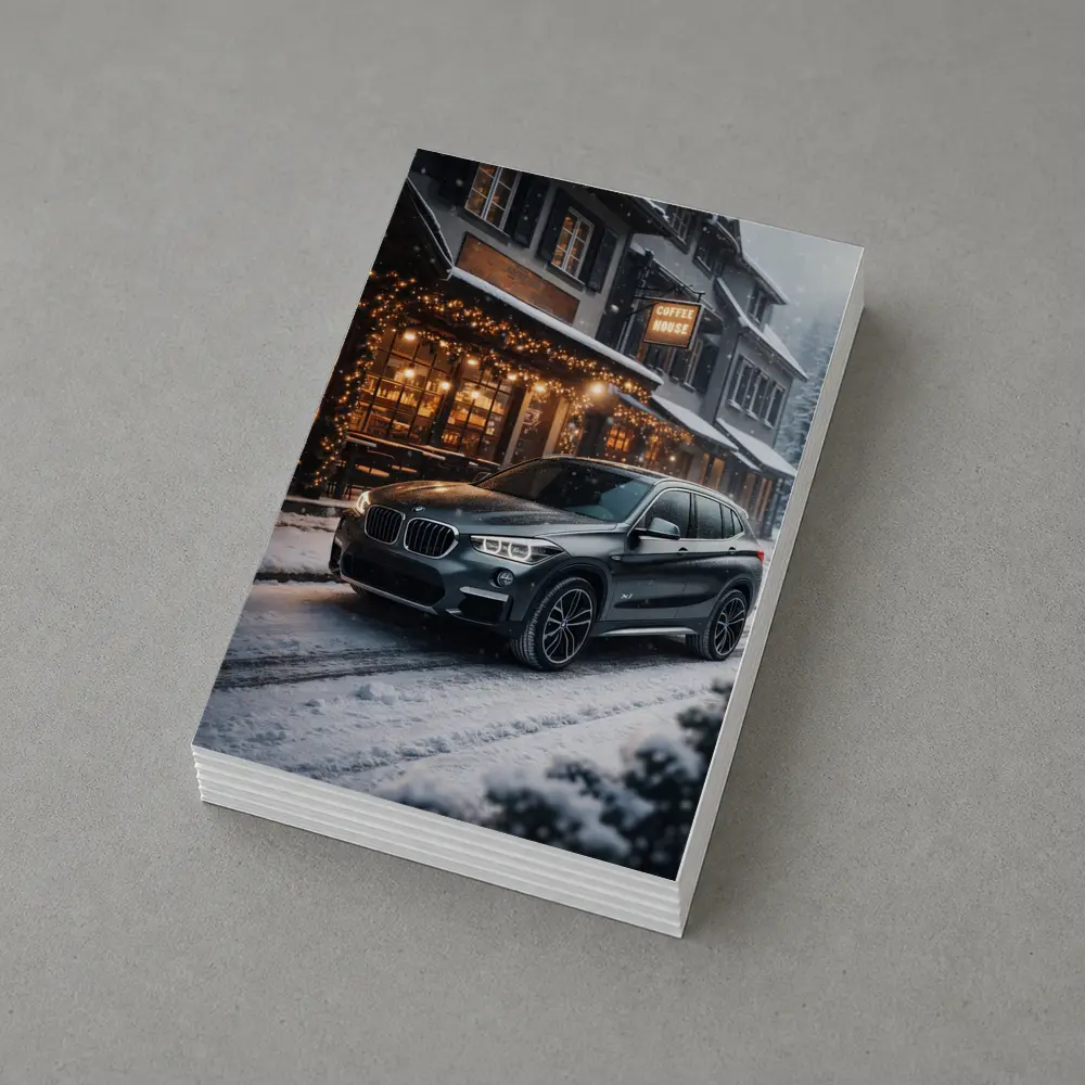 BMW X1 Parked Outside Snowy Coffee House – Postcards