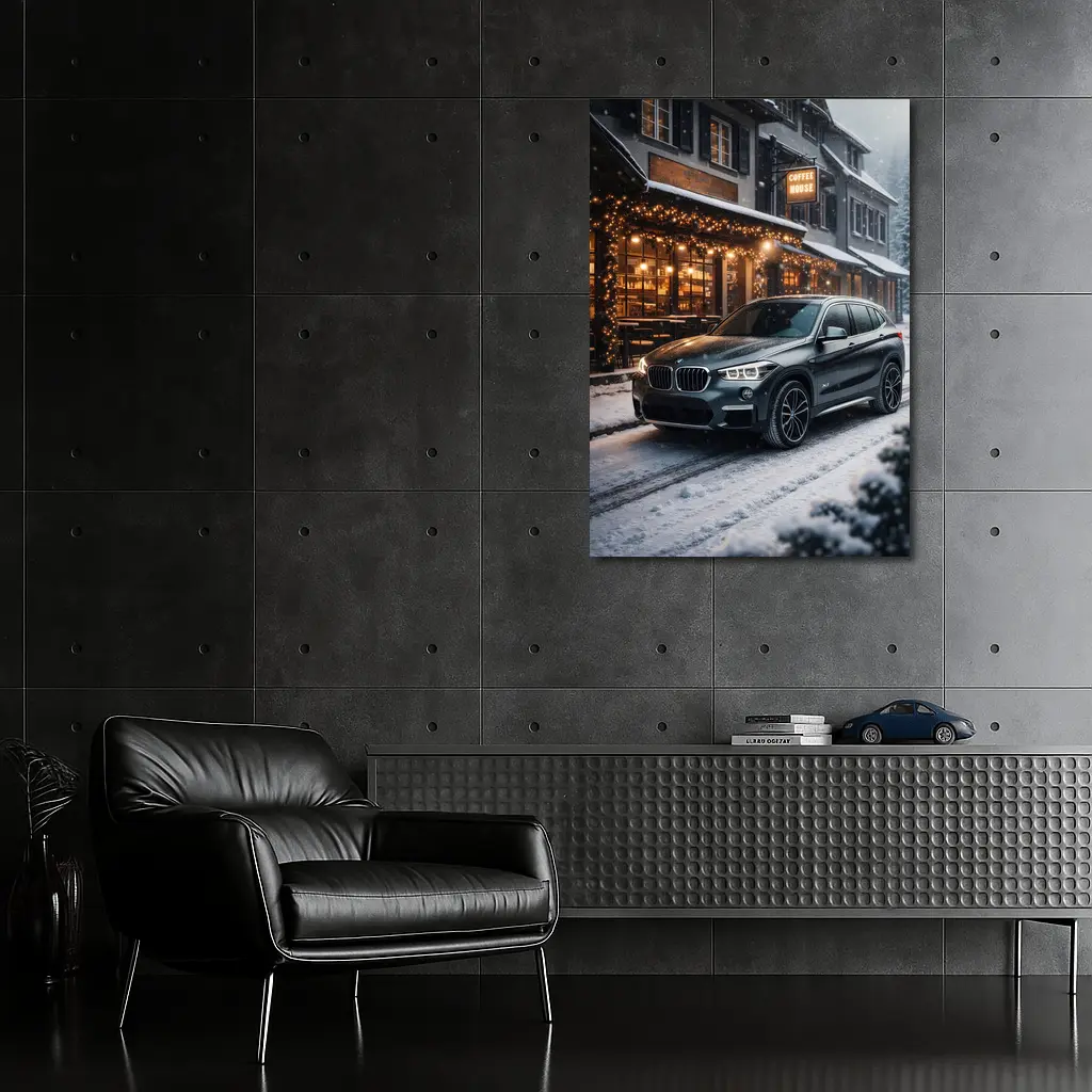 BMW X1 Parked Outside Snowy Coffee House – Wall Art