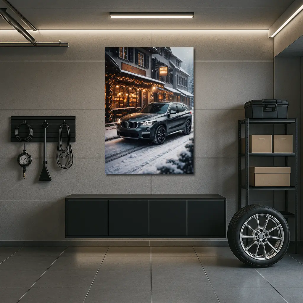 BMW X1 Parked Outside Snowy Coffee House – Wall Art