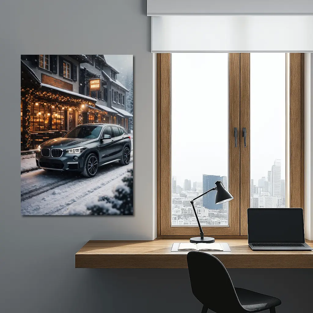 BMW X1 Parked Outside Snowy Coffee House – Wall Art
