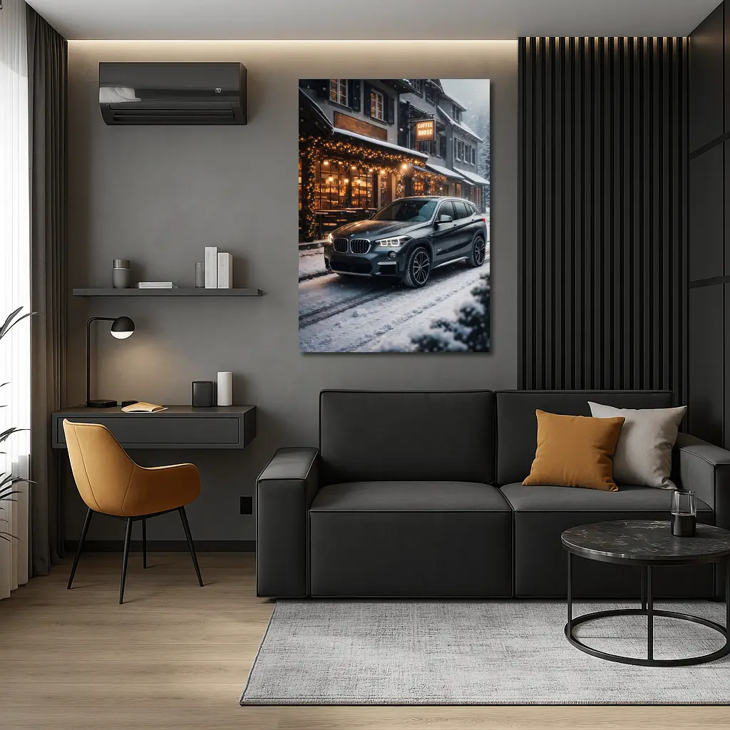 BMW X1 Parked Outside Snowy Coffee House – Wall Art