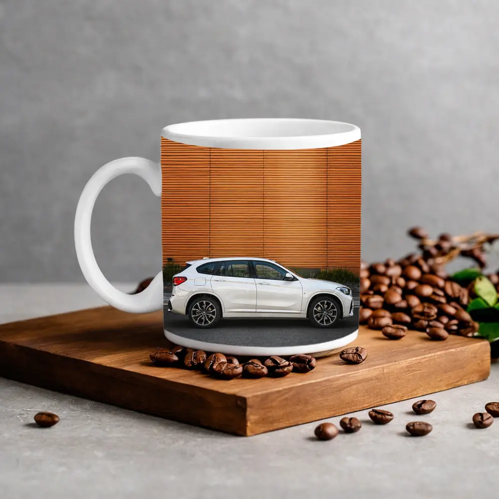 BMW X1 White SUV Orange Wall Background – Mugs