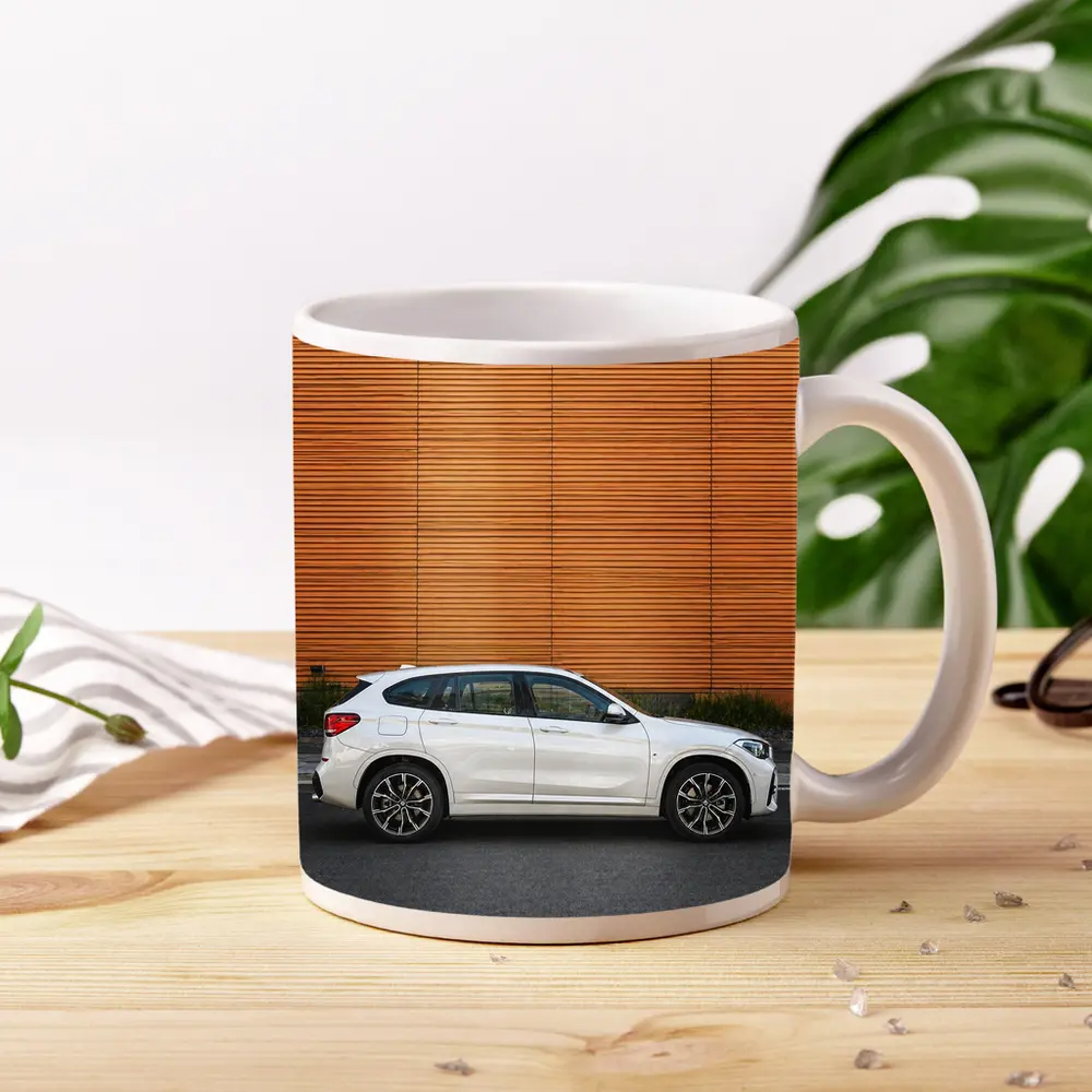 BMW X1 White SUV Orange Wall Background – Mugs