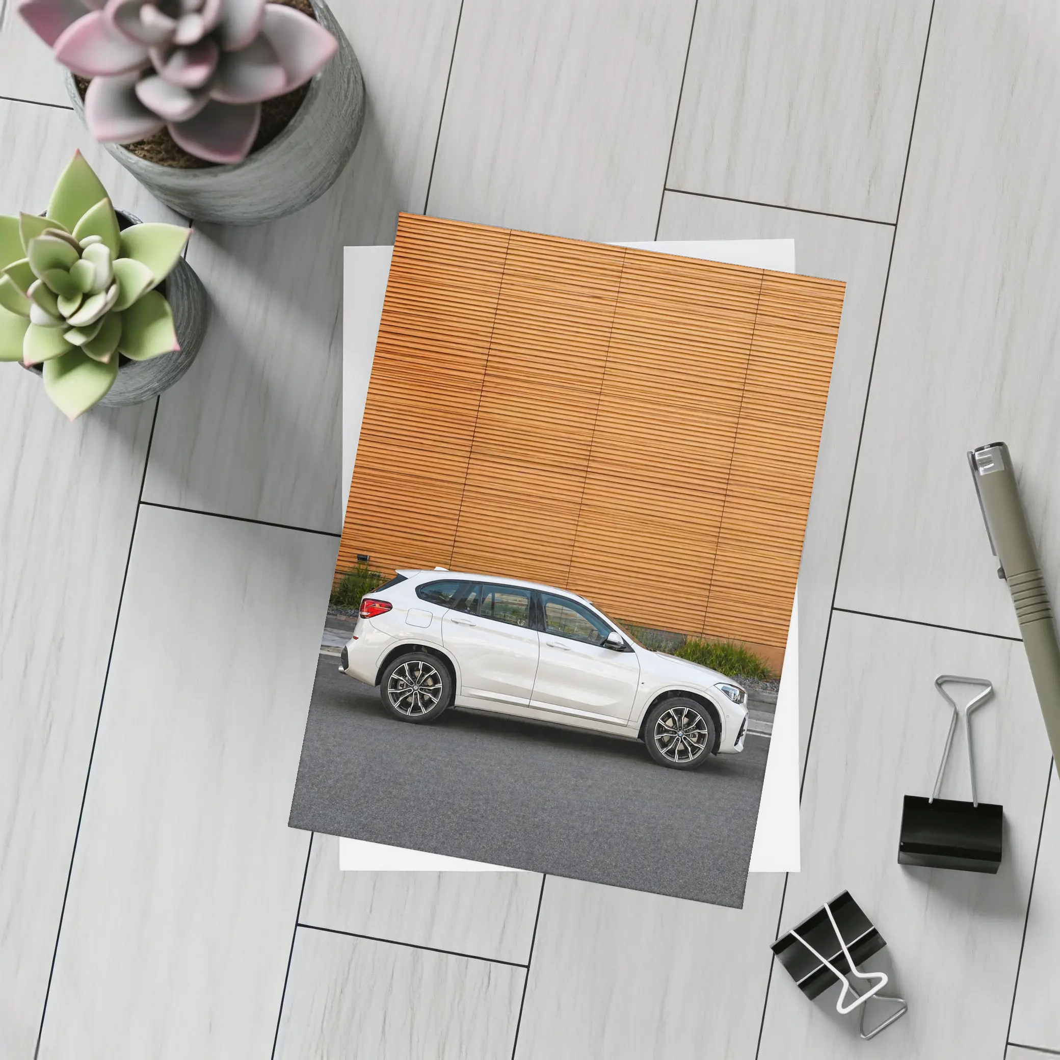 BMW X1 White SUV Orange Wall Background – Postcards