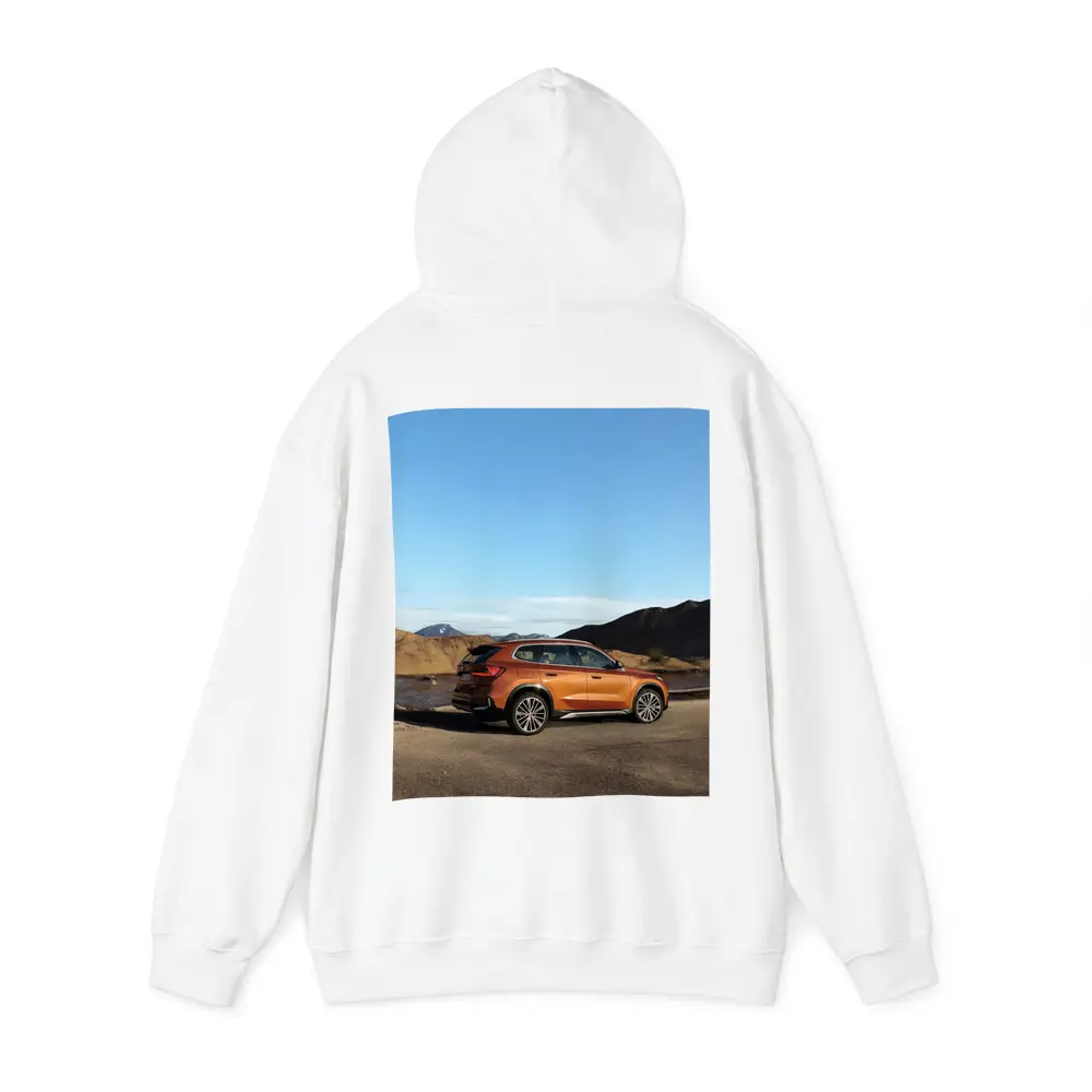 BMW X1 Orange SUV Desert Mountain Backdrop – Hoodies