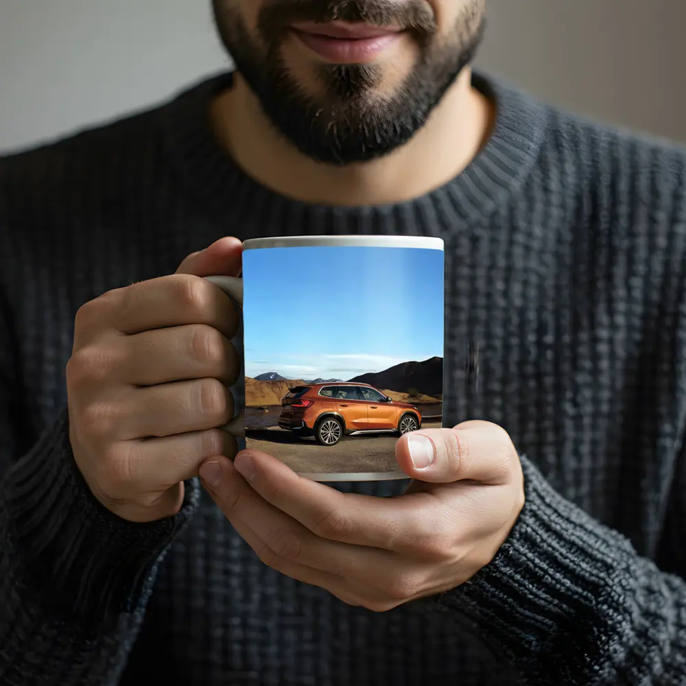 BMW X1 Orange SUV Desert Mountain Backdrop – Mugs