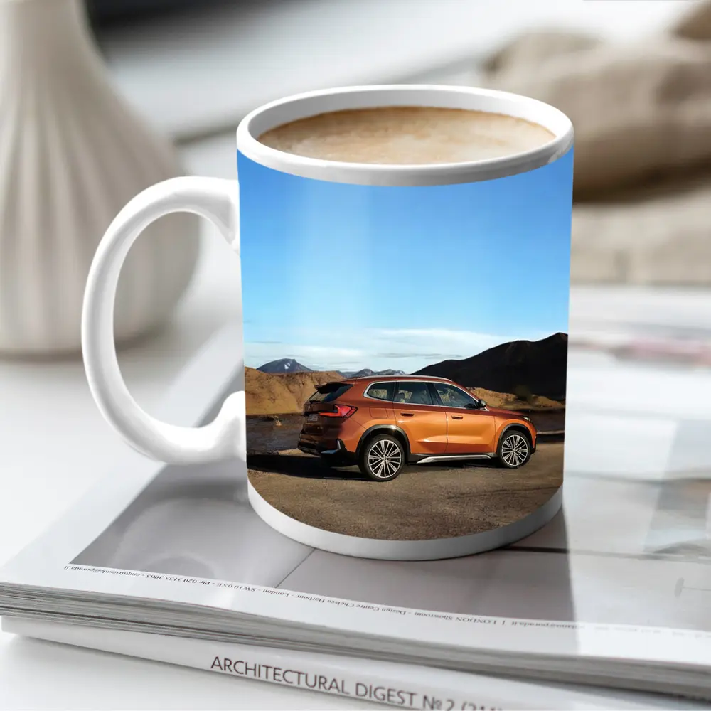 BMW X1 Orange SUV Desert Mountain Backdrop – Mugs