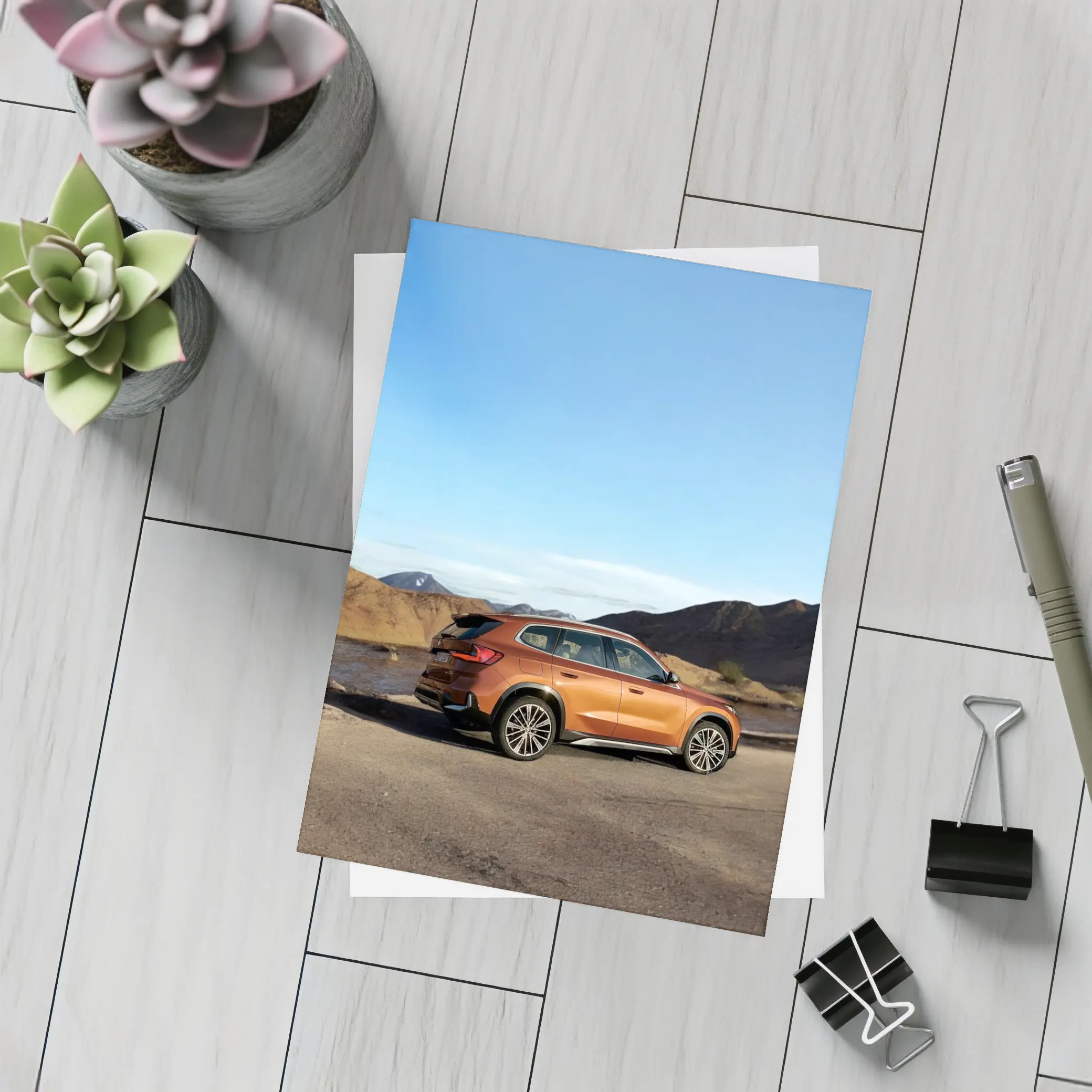 BMW X1 Orange SUV Desert Mountain Backdrop – Postcards