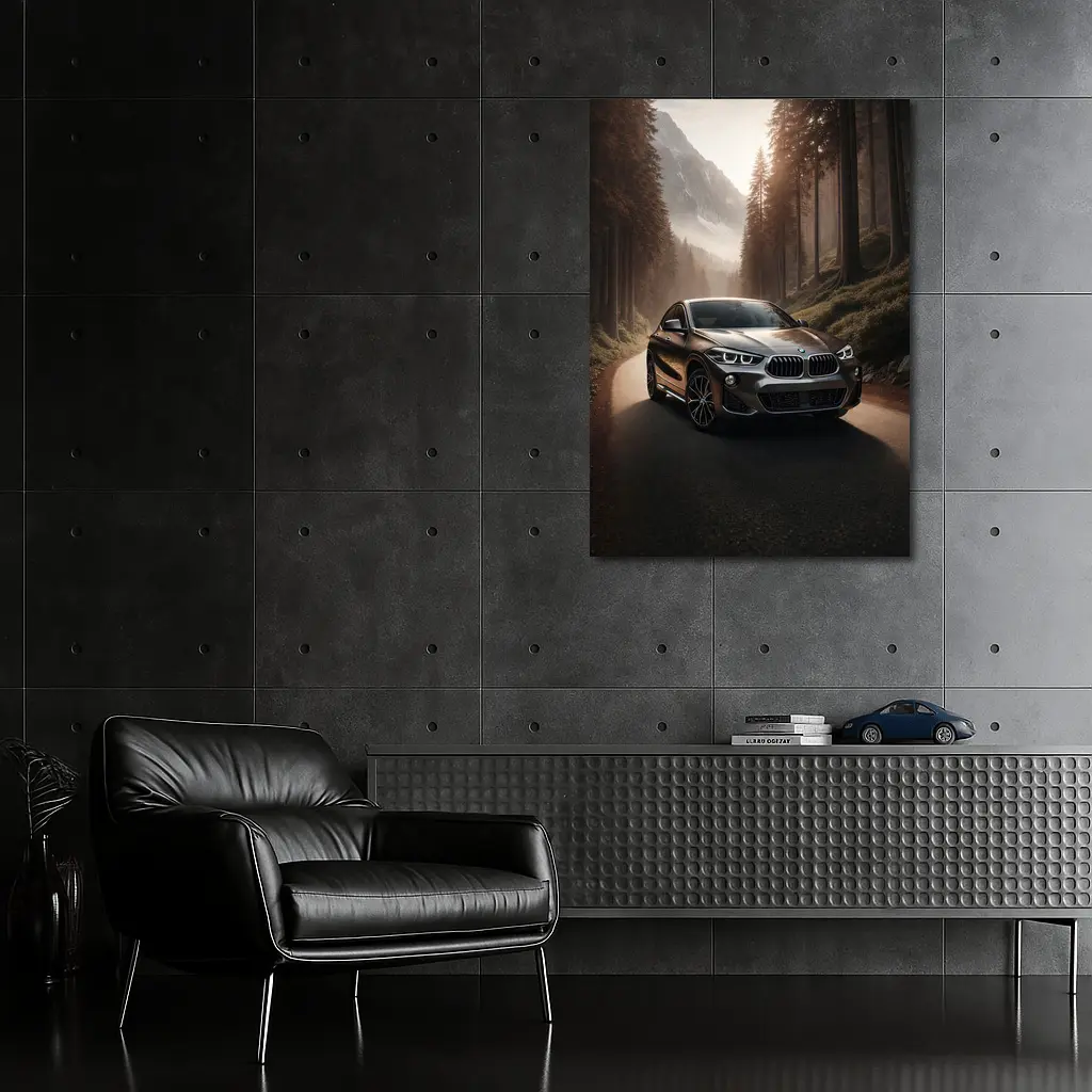 BMW X2 on Misty Mountain Forest Road – Wall Art