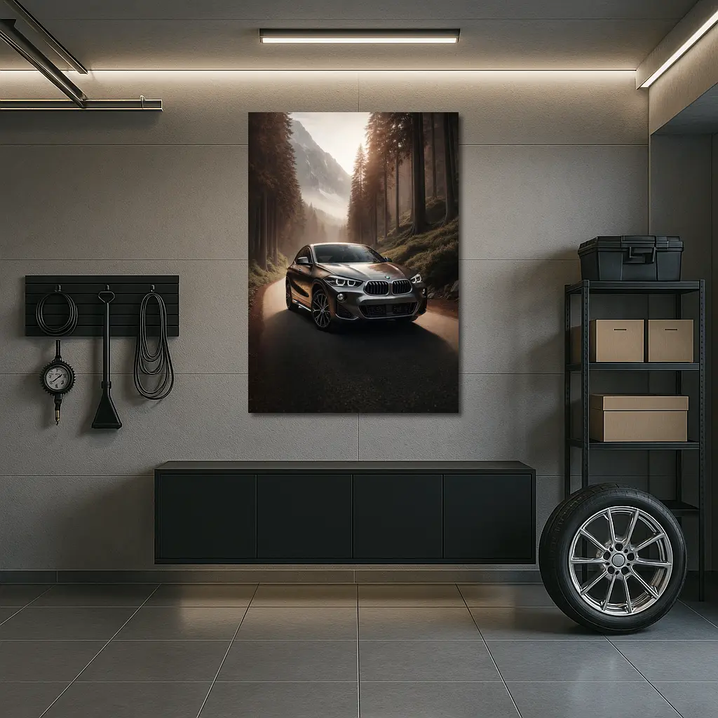 BMW X2 on Misty Mountain Forest Road – Wall Art