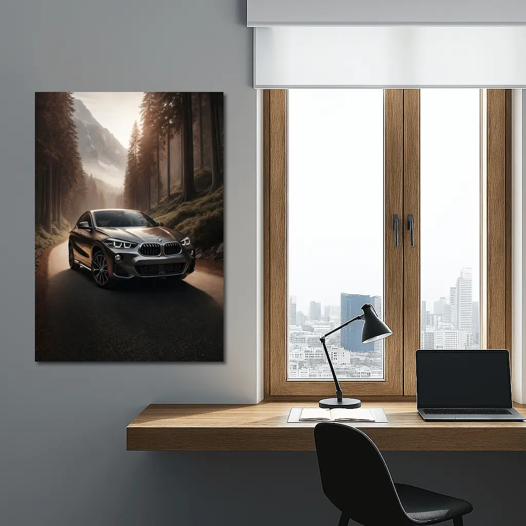 BMW X2 on Misty Mountain Forest Road – Wall Art