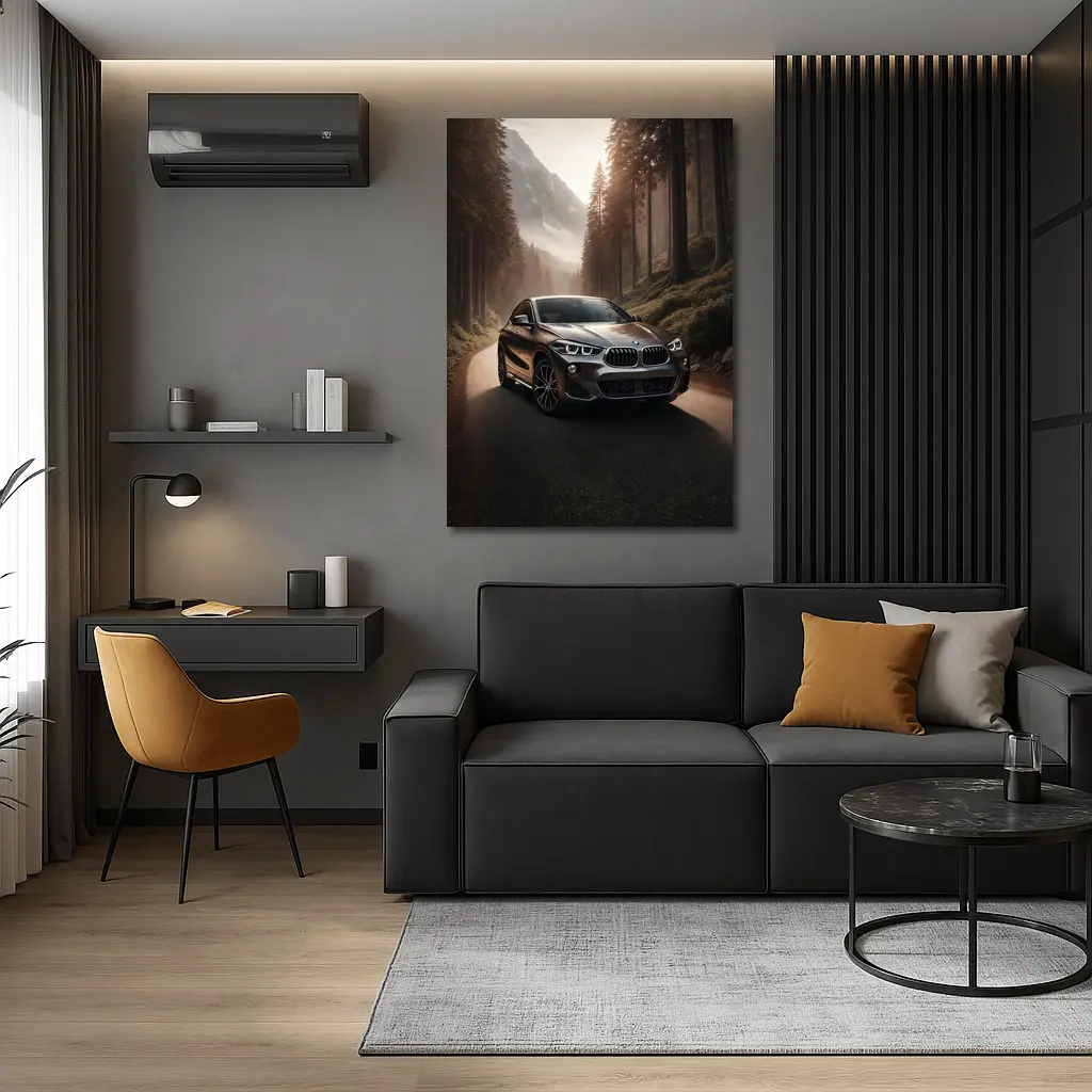 BMW X2 on Misty Mountain Forest Road – Wall Art