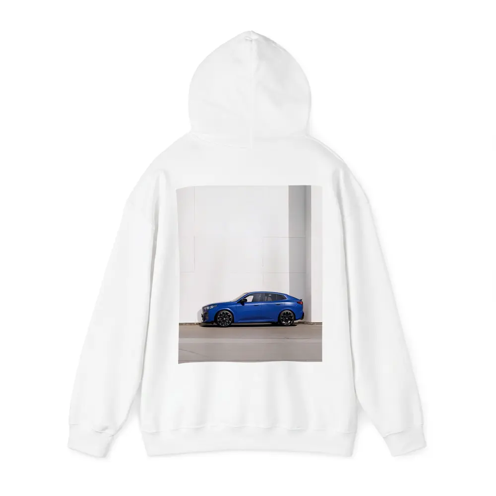 BMW X2 Blue Against White Wall – Hoodies