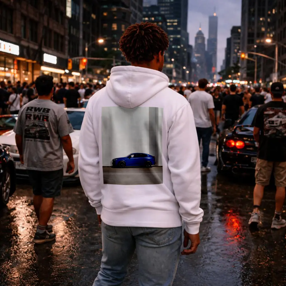 BMW X2 Blue Against White Wall – Hoodies
