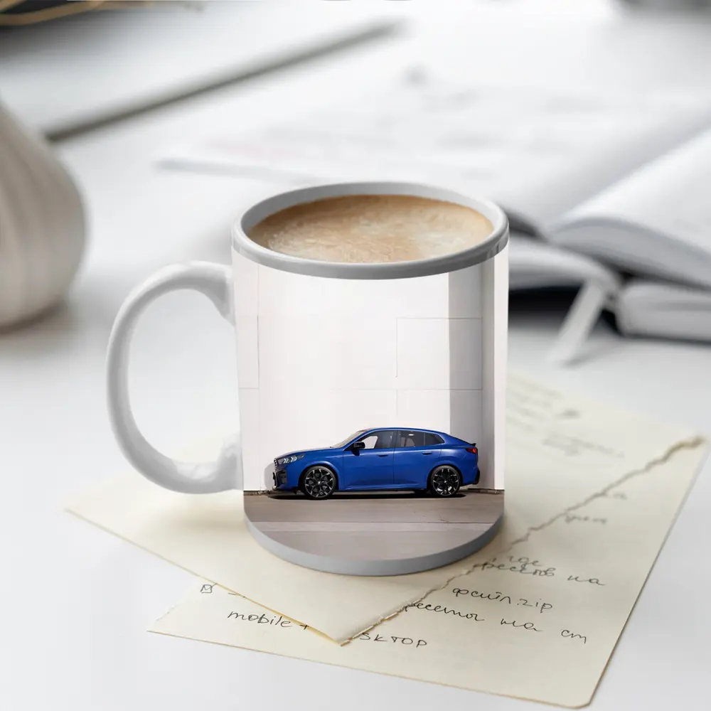 BMW X2 Blue Against White Wall – Mugs