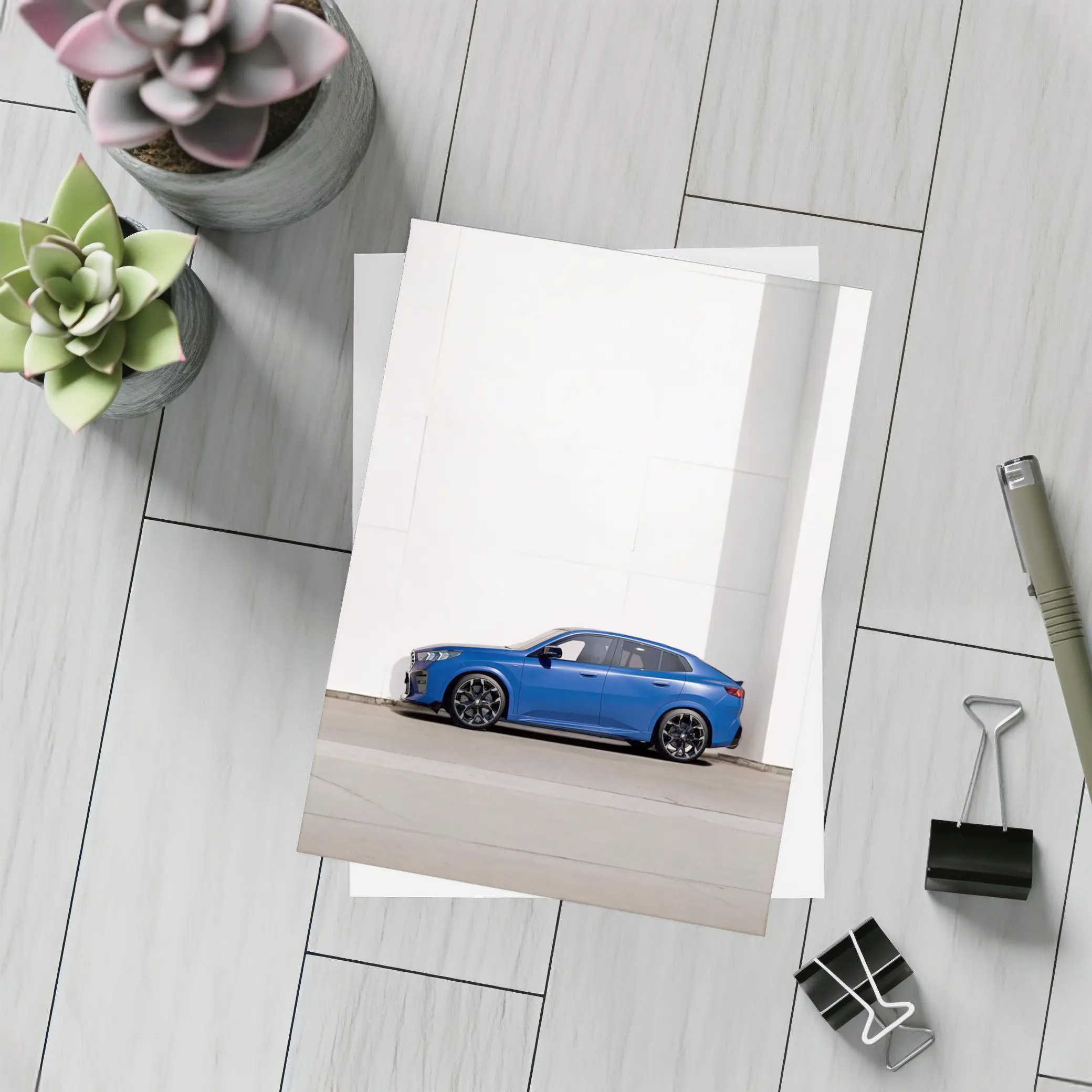 BMW X2 Blue Against White Wall – Postcards