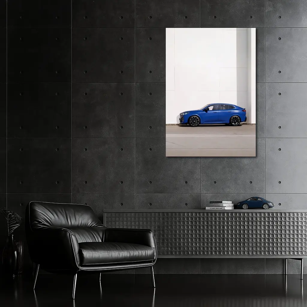 BMW X2 F39 Blue SUV Side Profile Against White Wall – Wall Art