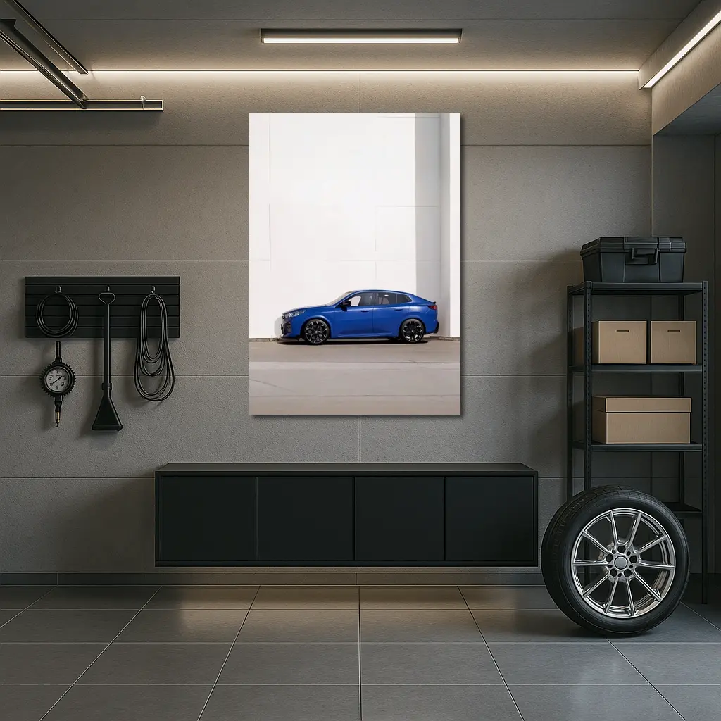 BMW X2 F39 Blue SUV Side Profile Against White Wall – Wall Art