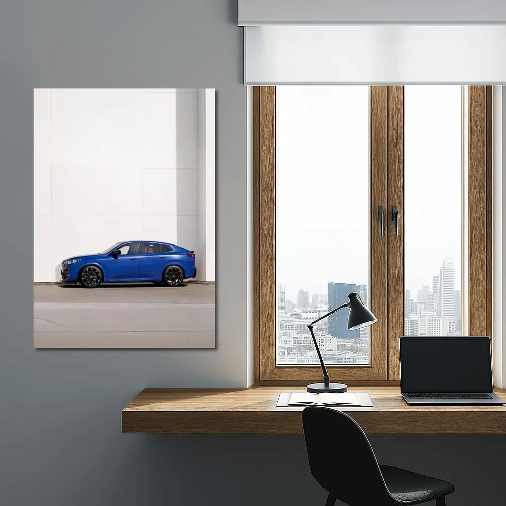 BMW X2 F39 Blue SUV Side Profile Against White Wall – Wall Art