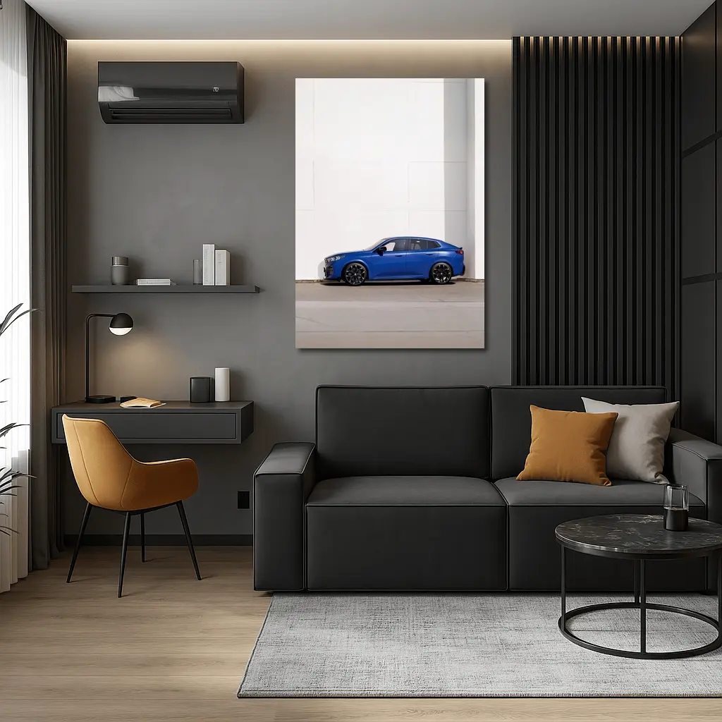 BMW X2 F39 Blue SUV Side Profile Against White Wall – Wall Art