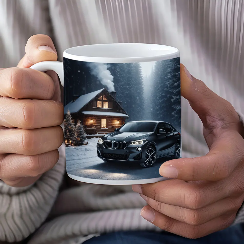 BMW X2 Black SUV Snowy Winter Forest – Mugs