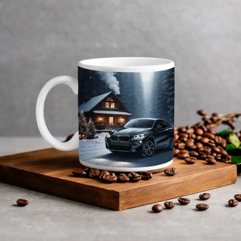 BMW X2 Black SUV Snowy Winter Forest – Mugs
