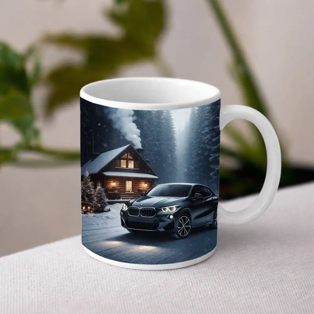 BMW X2 Black SUV Snowy Winter Forest – Mugs