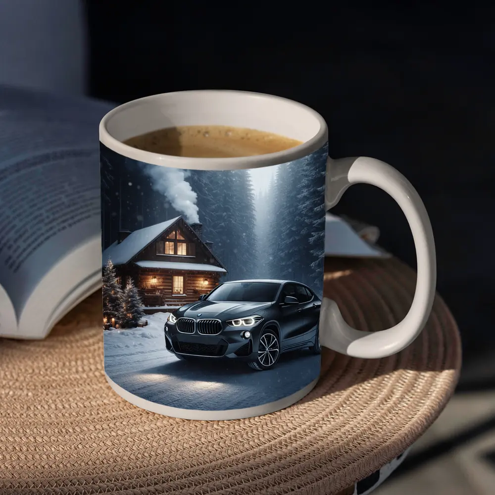 BMW X2 Black SUV Snowy Winter Forest – Mugs