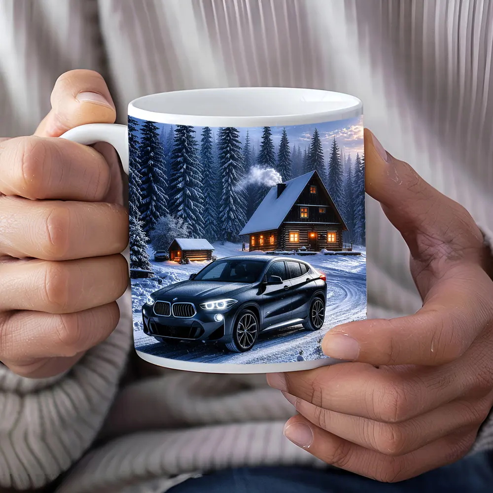 BMW X2 Dark Snowy Forest Cabin Night – Mugs