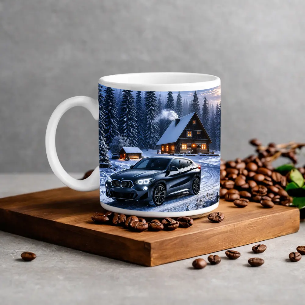 BMW X2 Dark Snowy Forest Cabin Night – Mugs