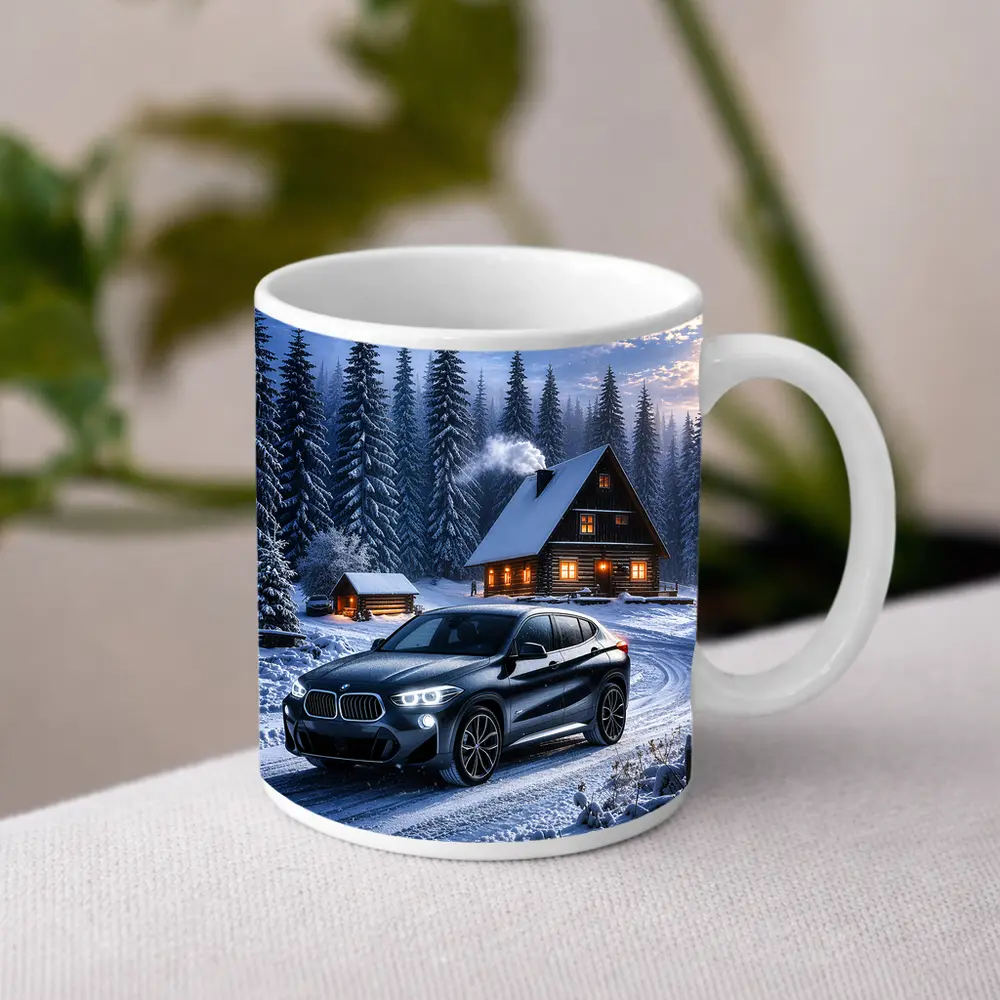 BMW X2 Dark Snowy Forest Cabin Night – Mugs