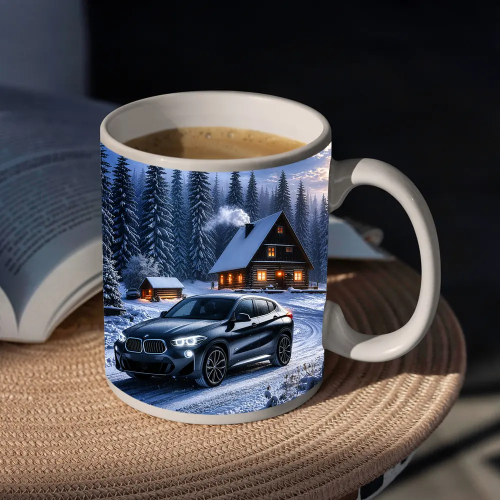 BMW X2 Dark Snowy Forest Cabin Night – Mugs