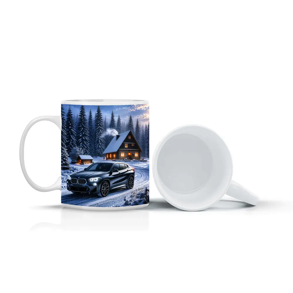 BMW X2 Dark Snowy Forest Cabin Night – Mugs