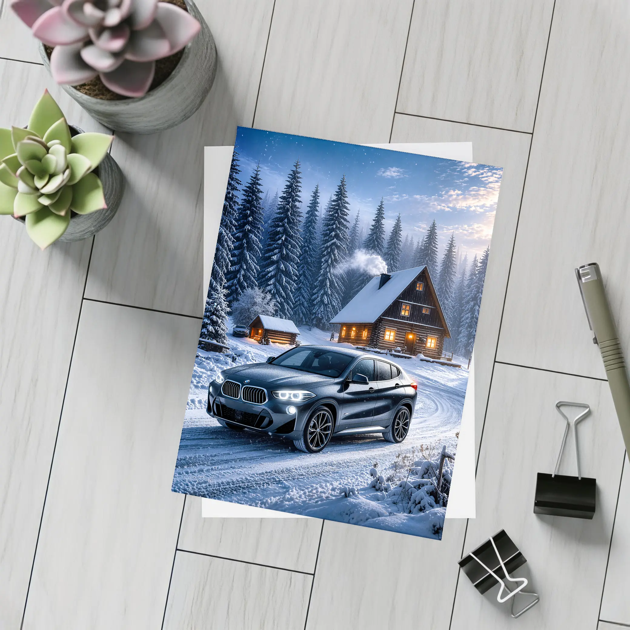 BMW X2 Dark Snowy Forest Cabin Night – Postcards