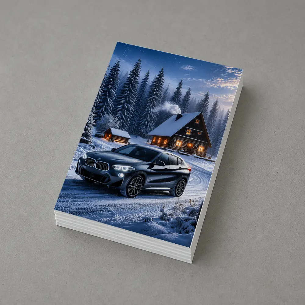 BMW X2 Dark Snowy Forest Cabin Night – Postcards