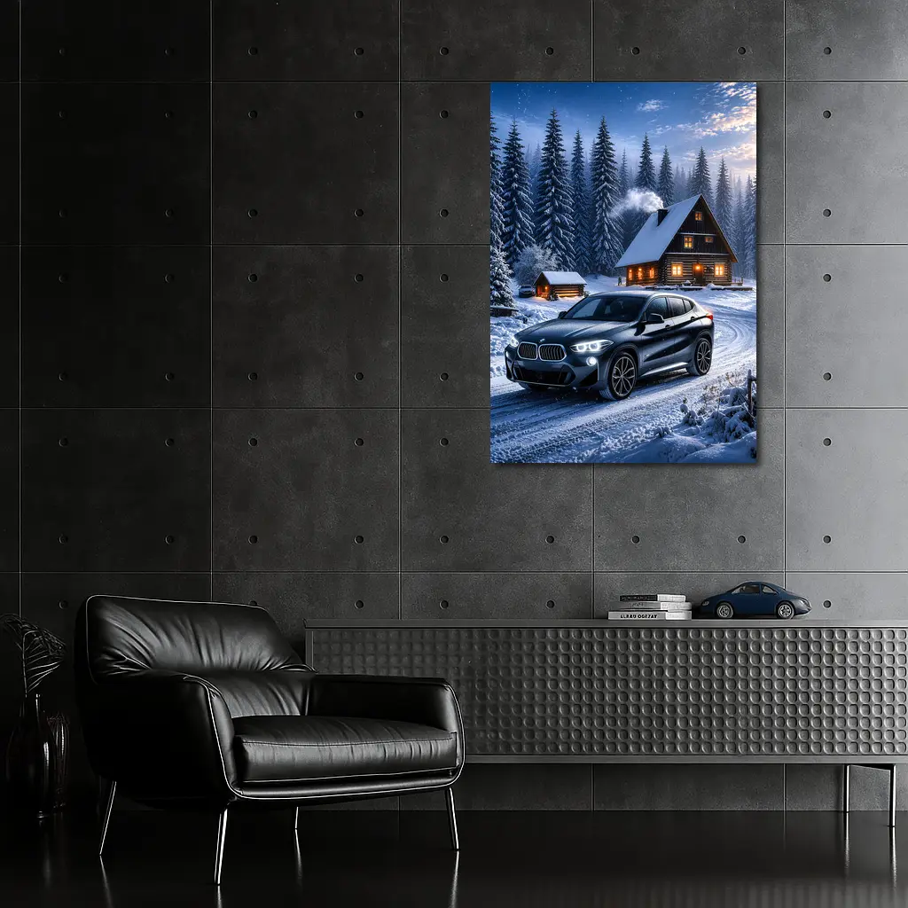 BMW X2 Dark Snowy Forest Cabin Night – Wall Art